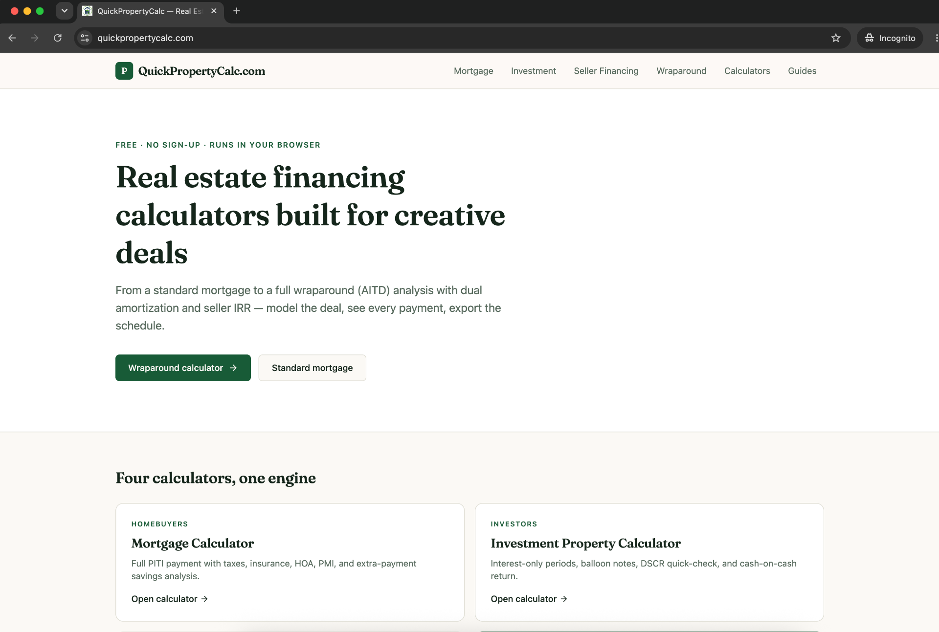 QuickPropertyCalc real estate financing calculator screenshot