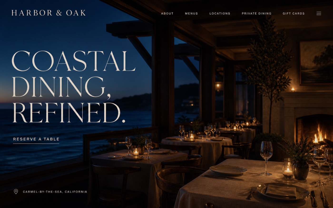 Harbor & Oak restaurant homepage with a candlelit coastal dining room and editorial typography